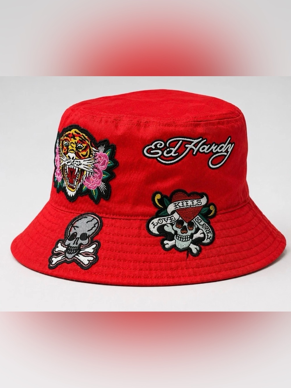 NWT Ed Hardy Red Bucket Hat with Tattoo Patch Embroidery